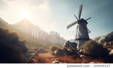 A traditional old stone mill on a hillside against the backdrop of beautiful mountains and a vibrant sunset sky. European historical landscape, romance and beauty of nature. A traditional old stone mill on a hillside against the backdrop of beautiful mountains and a vibrant sunset sky. European historical landscape, romance and beauty of nature. 104444147