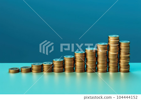 Stacks of coins of different heights depict a financial chart. Bank and finance. Investment, profit or gain. Selling money or treasury. Blue background with reflection. Copy space. 104444152