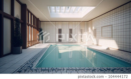 Indoor swimming pool in a luxury modern building. Tile walls and floors, ceiling with skylights, huge plants in floor pots. Minimalistic interior. Comfortable living environment. 3D rendering. 104444172