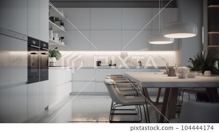 Interior of modern minimalist kitchen. White gloss facades, white dining table with chairs, plants in pots, modern kitchen appliances, pendant lights. Minimalist interior design. 3D rendering. 104444174
