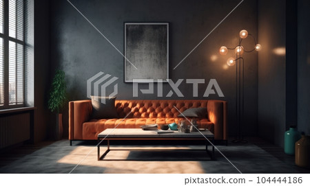 Interior of cozy vintage living room in a luxury apartment. Stylish terracotta sofa, coffee table, trendy floor lamp, large window with blind, carpet, poster on the wall, home decor. 3D rendering. 104444186