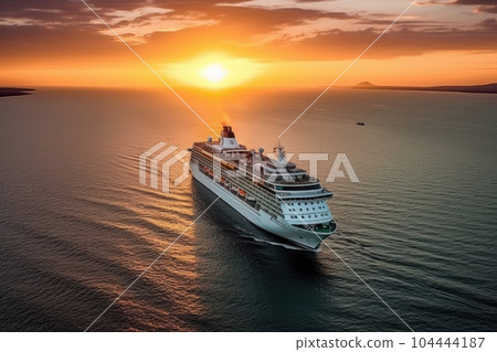 Aerial view of luxury white cruise ship in calm tropical sea. Beautiful sky, bright sunset over the horizon. The concept of summer cruise vacation and travel. 3D rendering. 104444187