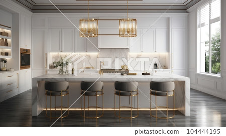 Modern classic white kitchen in luxury apartment. Large kitchen island with marble top and bar stools, luxurious chandelier, gilded details, modern kitchen appliances, large window. 3D rendering. 104444195
