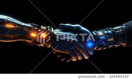 Handshake of two cyborgs, two metal anthropomorphic hands reaching out to each other. Futuristic digital age, robotics, digital technologies, scientific and technological progress. Black background. 104444197