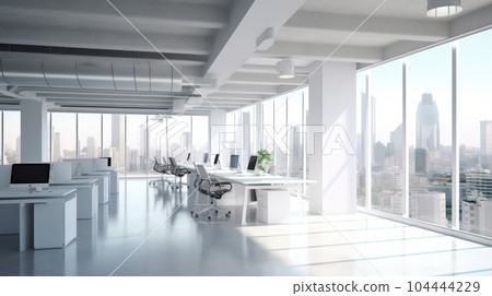 Hi-tech style open space office in a modern urban building. Minimalistic interior, tables with desktop computers, plants in pots, panoramic windows with city view. Comfortable working environment. Hi-tech style open space office in a modern urban building. Minimalistic interior, tables with desktop computers, plants in pots, panoramic windows with city view. Comfortable working environment. 104444229