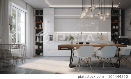 Interior of modern minimalist kitchen. White gloss facades, wooden dining table with chairs, open shelves, modern kitchen appliances, pendant lights. Minimalist interior design. 3D rendering. Interior of modern minimalist kitchen. White gloss facades, wooden dining table with chairs, open shelves, modern kitchen appliances, pendant lights. Minimalist interior design. 3D rendering. 104444230
