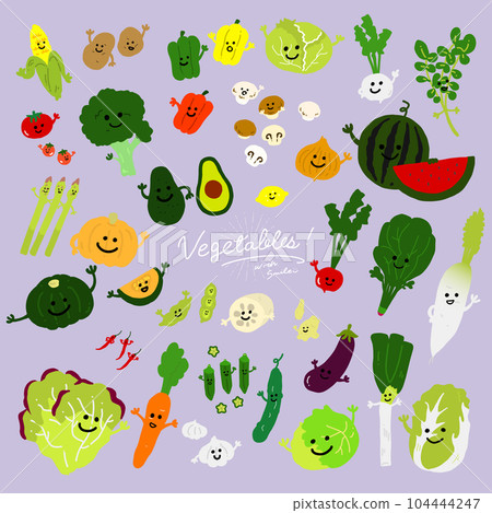 帶有臉部矢量的手繪蔬菜角色的圖標插圖 104444247