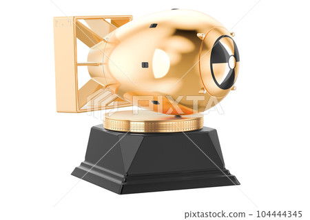 Atomic Bomb Gold Award Trophy Pedestal. 3d Rendering Atomic Bomb Gold Award Trophy Pedestal. 3d Rendering 104444345