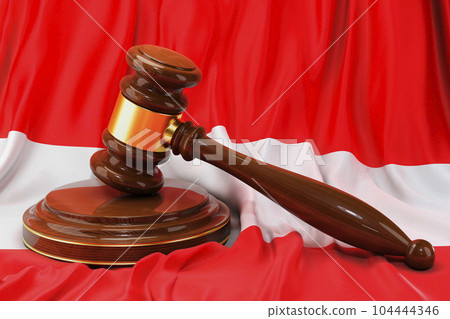 Austrian law and justice concept. Wooden gavel on flag of Austria, 3D rendering 104444346