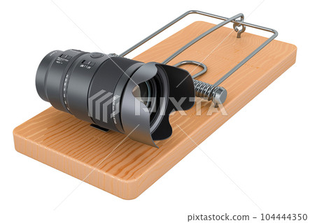Camera lens inside mousetrap. 3D rendering 104444350