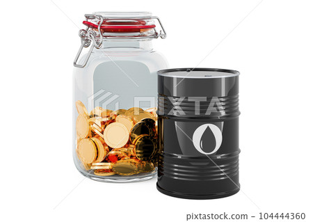 Oil barrel with glass jar full of golden coins, 3D rendering 104444360