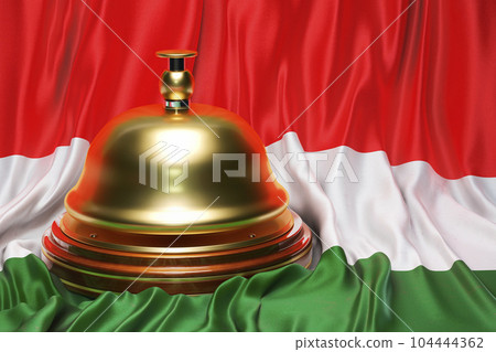 Reception bell on the Hungarian flag background, 3D rendering Reception bell on the Hungarian flag background, 3D rendering 104444362