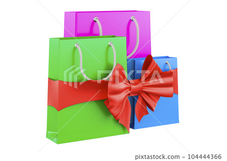 Shopping bags with red ribbon and bow, present concept. 3D rendering 104444366