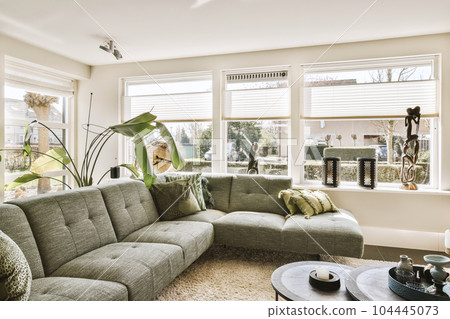 a living room with couch, coffee table and plants in the window sies on either side of the sofa 104445073