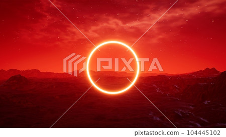 Glowing Red Circle Light on the Red Foggy Planet 3D Rendering 104445102