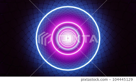 Purple and Blue Color Circle Light in the Dark Neon Tunnel 3D Rendering 104445129