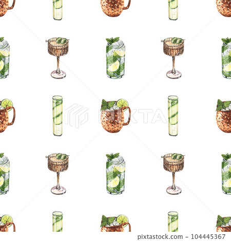 Watercolor seamless pattern, cocktail glasses: martini, mojito, cosmopolitan, moscow mule. Hand-drawn illustration isolated on white background.Perfect for recipe lists with alcoholic drinks, for cafe 104445367