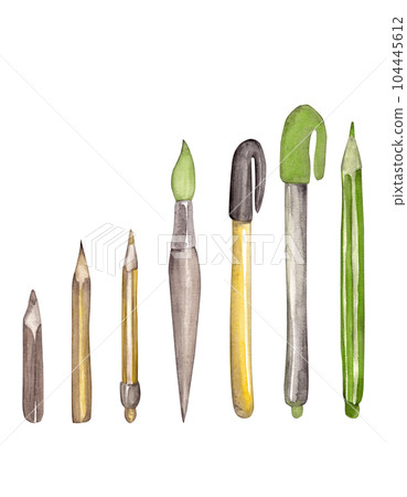 Back to school. A set of pencils, pens and brushes. Isolated watercolor illustration for your design. Ideal for decorating clothes and stationery Back to school. A set of pencils, pens and brushes. Isolated watercolor illustration for your design. Ideal for decorating clothes and stationery 104445612
