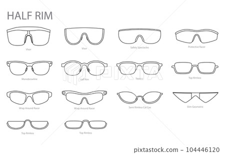 Set of Half Rim frame glasses fashion accessory illustration. Sunglass front view for Men, women, unisex silhouette 104446120