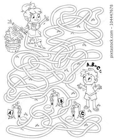 Children logic game to pass the maze. Girl and boy watering flowers 104447678