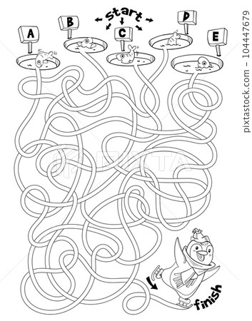 Children logic game to pass the maze. Penguin skates on ice Children logic game to pass the maze. Penguin skates on ice 104447679