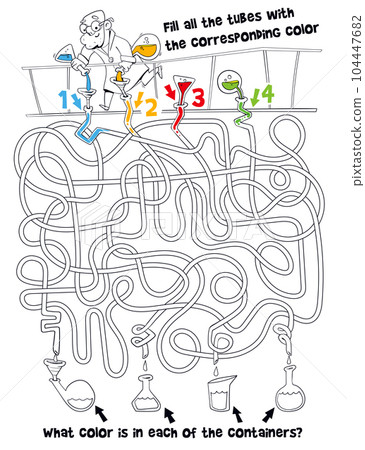 Children logic game to pass maze. Scientist in lab is pouring colorful solution into tubes 104447682