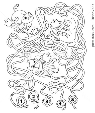 Cat plays with a ball of fur. Children logic game to pass maze. Coloring book Cat plays with a ball of fur. Children logic game to pass maze. Coloring book 104447683
