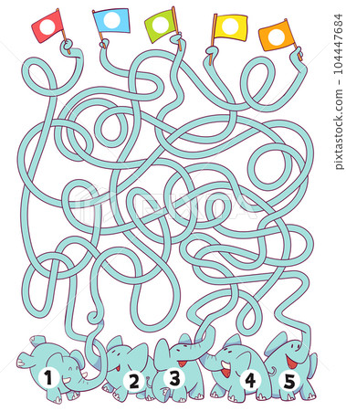 Children logic game to pass the maze. Funny elephants with tangled trunks Children logic game to pass the maze. Funny elephants with tangled trunks 104447684