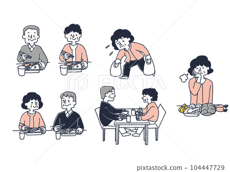 一對老年夫婦使用午餐配送服務和食品配送服務的插圖集 一對老年夫婦使用午餐配送服務和食品配送服務的插圖集 104447729