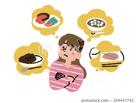 擔心菜單的家庭主婦 與烹飪套件配送服務和盒飯配送服務相關的插圖 104447742