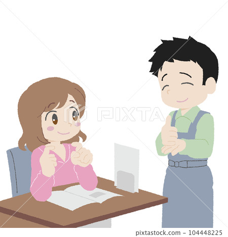 A customer who answers with a clerk who serves customers in hand-drawn sign language A customer who answers with a clerk who serves customers in hand-drawn sign language 104448225