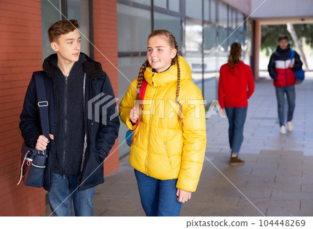 Portrait of two students carrying bags walking and talking 104448269