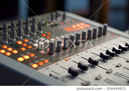 Sound panel for working in the studio and on TV projects. Close-up of the Mixing console. mixing knobs. mix musical tracks on techno party in night club. blurred concept, Generative AI illustration Sound panel for working in the studio and on TV projects. Close-up of the Mixing console. mixing knobs. mix musical tracks on techno party in night club. blurred concept, Generative AI illustration 104449431
