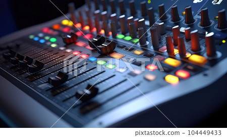 Sound panel for working in the studio and on TV projects. Close-up of the Mixing console. mixing knobs. mix musical tracks on techno party in night club. blurred concept, Generative AI illustration Sound panel for working in the studio and on TV projects. Close-up of the Mixing console. mixing knobs. mix musical tracks on techno party in night club. blurred concept, Generative AI illustration 104449433