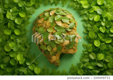 Abstract environment conservation leaves art style of green nature and eco friendly concept idea. plants with leaves forming brain, Generative AI illustration 104449731