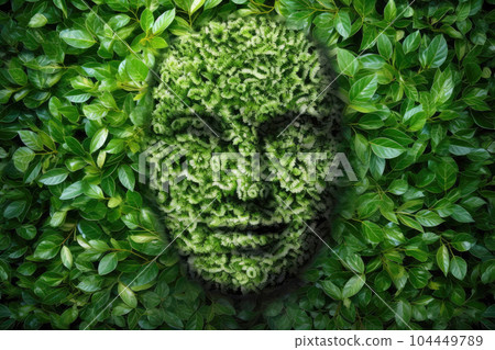 Abstract environment conservation leaves art style of green nature and eco friendly concept idea. plants with leaves forming brain, Generative AI illustration 104449789