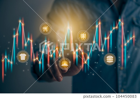 Casual Businessman Hand and Finger Press or Touch Color Stock Graph and Online Products in Vintage Tone 104450083