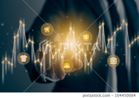 Businessman Hand and Finger Press or Touch Center Stock Graph and Online Products in Vintage Tone Businessman Hand and Finger Press or Touch Center Stock Graph and Online Products in Vintage Tone 104450084