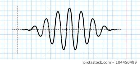 Sinusoid impulse signal on blue grid paper. Black curve sound wave on checkered paper. Voice or music audio concept. Pulse line in school notebook. Sine electronic radio graphic. Vector 104450499