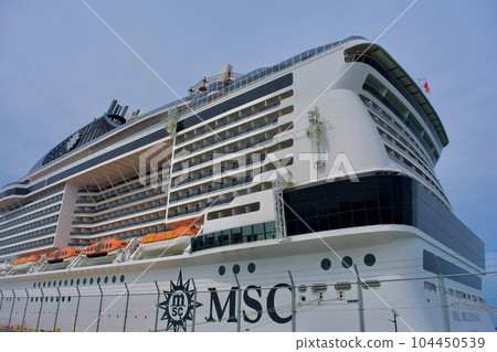 Luxury cruise ship MSC Bellissima anchored at Sakaiminato port Luxury cruise ship MSC Bellissima anchored at Sakaiminato port 104450539