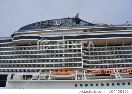 Luxury cruise ship MSC Bellissima anchored at Sakaiminato port 104450561
