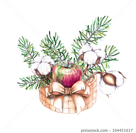 Christmas blooming composition with apple, cotton flower, needles bow Christmas blooming composition with apple, cotton flower, needles bow 104451017