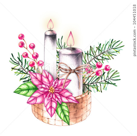 Christmas blooming composition with candles, poinsettia flower, cotton flower, needles, bow 104451018