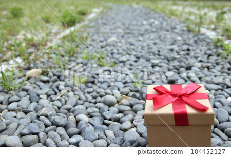 Gift box on green grass background with as a present for Christmas, new year, valentine day or anniversary. Gift box on green grass background with as a present for Christmas, new year, valentine day or anniversary. 104452127