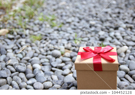 Gift box on green grass background with as a present for Christmas, new year, valentine day or anniversary. Gift box on green grass background with as a present for Christmas, new year, valentine day or anniversary. 104452128
