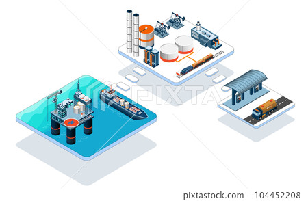 Gas and oil industry platform Banner with Outbuildings, Oil storage tank. Poster Brochure Flyer Design, Vector Illustration eps10 104452208