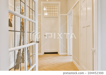 a dog is on the wall in an empty room with white walls and wood flooring, as seen from the doorway 104452300