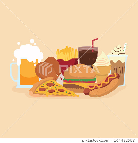 junk food, fast food unhealthy Vector flat illustration 104452598