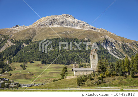 Celerina cityscape from Muottas Muragl Swiss Alps, Engadine, Switzerland 104452918