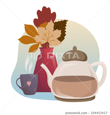 Autumn Tea time. Kettle and mug with tea, autumnal leaves. Delicious tea-party for breakfast isolated on gradient background for tea party, menu, shop. Graphic design for Autumn Autumn Tea time. Kettle and mug with tea, autumnal leaves. Delicious tea-party for breakfast isolated on gradient background for tea party, menu, shop. Graphic design for Autumn 104453417